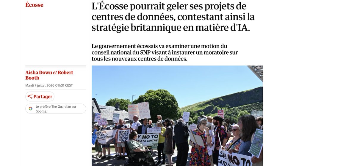Disruption_IA's tweet photo. ⚡ L'Écosse pourrait geler tous les nouveaux projets de data centers. Au pire moment pour le Royaume-Uni.

Une motion portée au sein du SNP demande un moratoire sur toutes les nouvelles constructions. Le gouvernement écossais doit l'examiner. C'est le énième signal de la même tendance mondiale : New York a déjà posé un moratoire, l'Utah attaque en justice, 130 milliards de dollars de projets bloqués aux États-Unis au premier trimestre, les habitants de Brick Lane à Londres contestent un projet.

Le sujet dépasse l'urbanisme. L'IA a besoin de modèles, de puces et de talents. Mais aussi de bâtiments, de foncier, d'électricité, de refroidissement et d'autorisations. Tant que l'IA restait une promesse logicielle, le récit était simple. Maintenant que les requêtes deviennent des mégawatts et que les modèles demandent des infrastructures massives, la facture arrive dans les territoires.

Un pays peut annoncer des ambitions nationales. Mais si les collectivités, les habitants ou les réseaux électriques bloquent, les capacités de calcul resteront sur le papier.