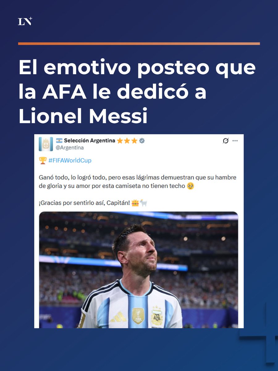 lanacionmas's tweet photo. "Esas lágrimas demuestran que su amor por esta camiseta no tiene techo"

El emotivo posteo que la AFA le dedicó a Lionel Messi tras el triunfo ante Egipto para clasificar a cuartos de final del Mundial.

📌 En LN+ https://t.co/Chiroh64uz