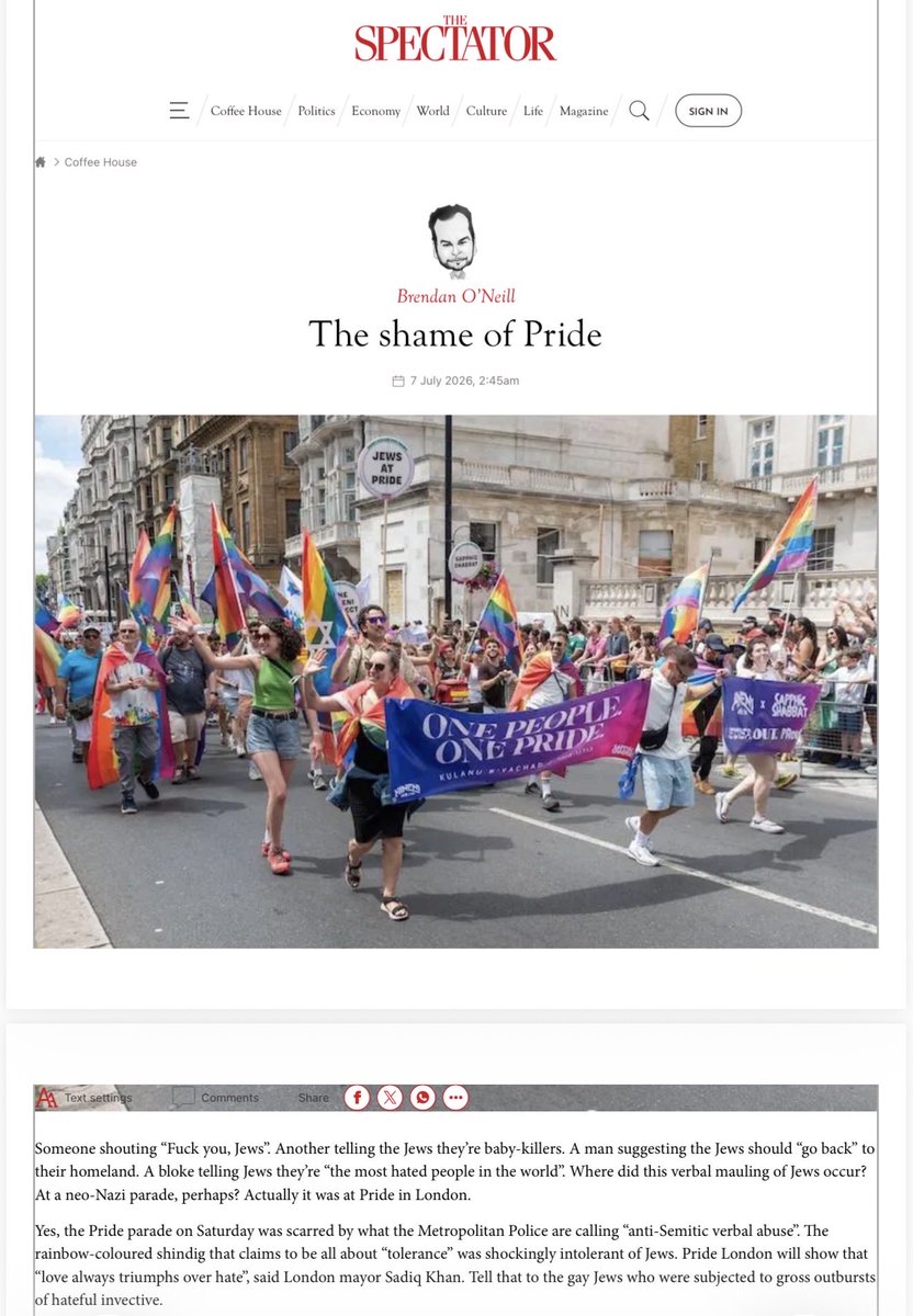 RemcoYizhakCoor's tweet photo. “Fuck you, Jews.” werd er geschreeuwd op de Pride in Londen dit weekend. De metropolitan police stond erbij en keek ernaar, en dat op een feest van “””tolerantie &amp; inclusie”””. World Pride in aantocht in Amsterdam, dus lezen. Goede column van Brendan O’Neill in de Spectator https://t.co/SJKpE5kQM7