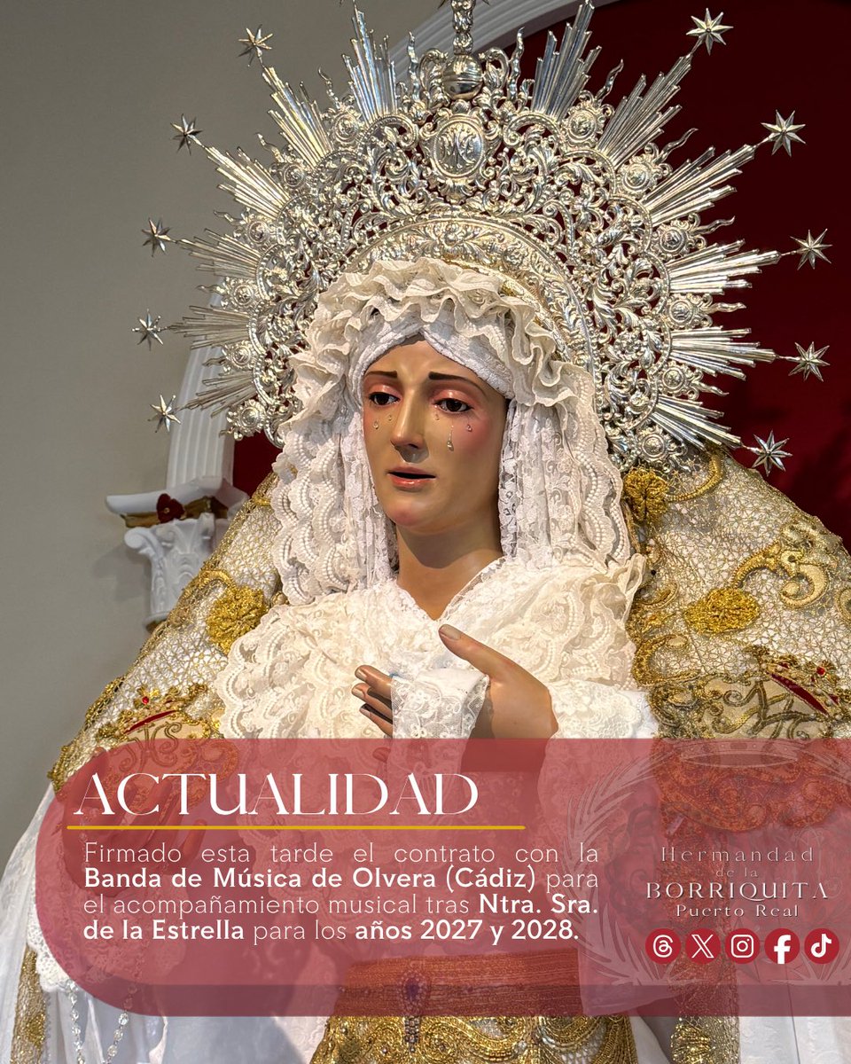 borriquitapreal's tweet photo. 𝐀𝐂𝐓𝐔𝐀𝐋𝐈𝐃𝐀𝐃 | 𝐑𝐞𝐧𝐨𝐯𝐚𝐜𝐢𝐨́𝐧 𝐦𝐮𝐬𝐢𝐜𝐚𝐥 𝐩𝐚𝐫𝐚 𝐥𝐨𝐬 𝐩𝐫𝐨́𝐱𝐢𝐦𝐨𝐬 𝐚𝐧̃𝐨𝐬. Firmado el contrato con la Banda de Música de Olvera (Cádiz) para el acompañamiento musical tras el palio de Ntra. Sra. de la Estrella para los años 2027 y 2028. https://t.co/8ZD1LVTnpy