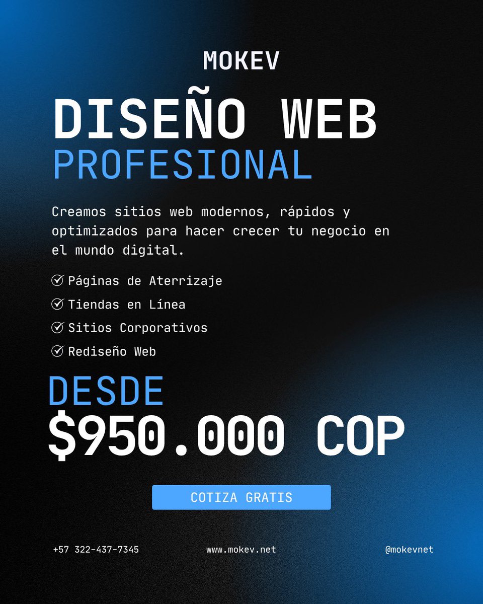 Mokev_net's tweet photo. ¿Tu negocio aún no tiene presencia digital o necesitas dar el siguiente paso? 🚀 En Mokev creamos experiencias web rápidas, modernas y totalmente optimizadas para convertir visitantes en clientes reales.
#Mokev #DisenoWeb #WebDevelopment #TransformacionDigital https://t.co/XsFpIGsSIU