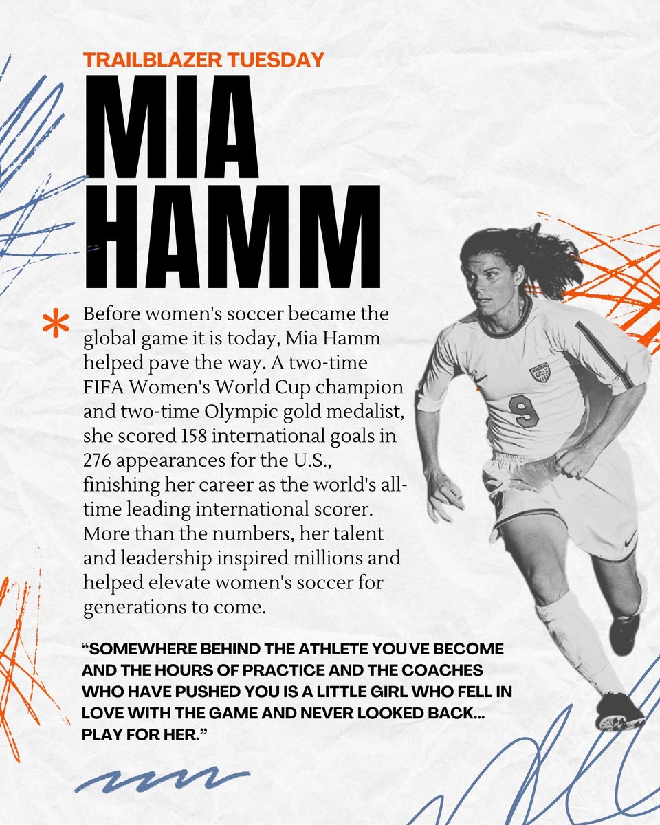 SHBH_Official's tweet photo. As the world celebrates soccer this month, we're taking a moment to recognize one of the women who helped shape the game into what it is today.

This Trailblazer Tuesday, we're honoring Mia Hamm, a legend whose impact extends far beyond the record books. #SeeHerBeHer https://t.co/F9LetUQNVS