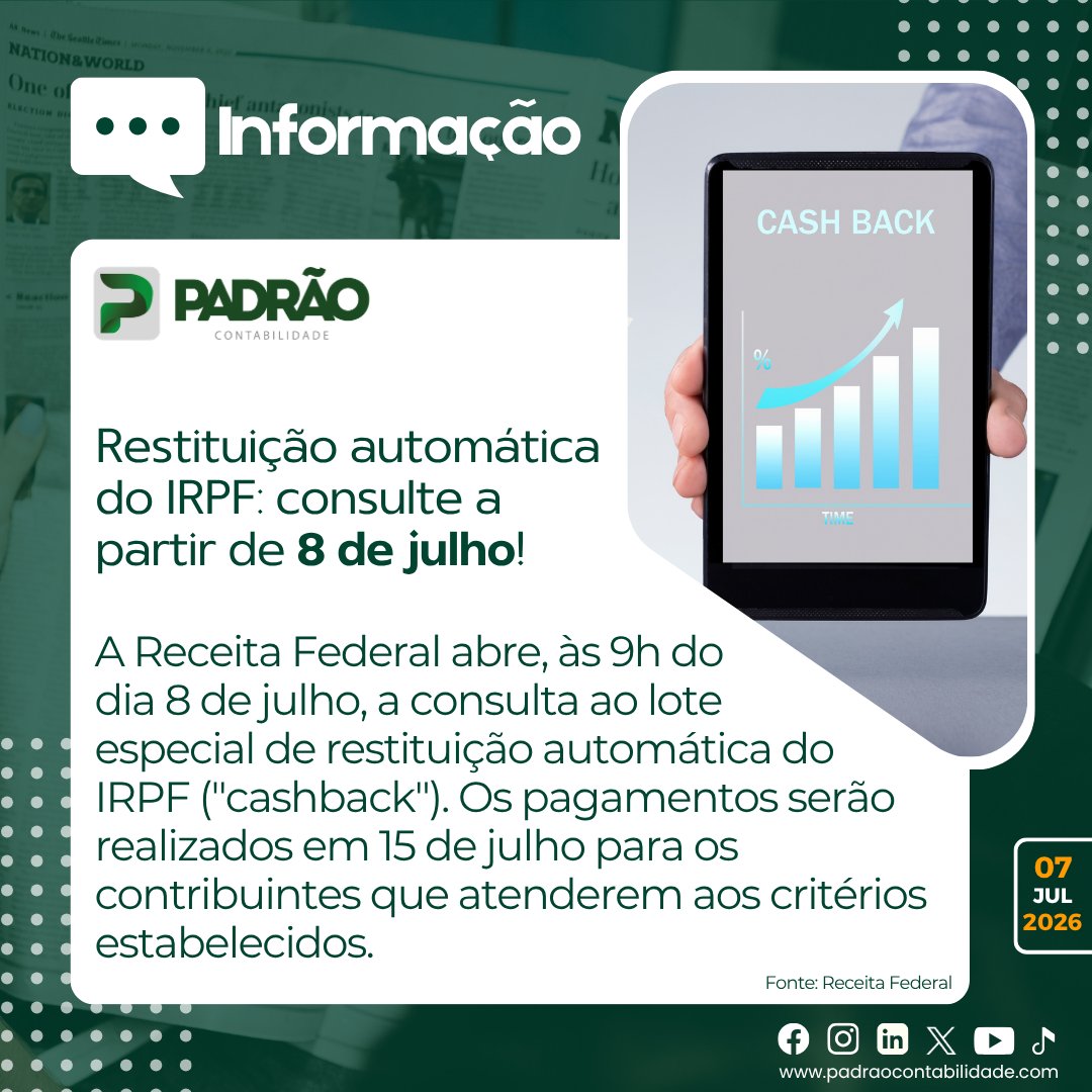 Padraotoledo's tweet photo. 📢 A Receita Federal libera em 08/07 a consulta ao lote especial de restituição automática do #IRPF.
✅ Destinado a quem não era obrigado a declarar o IR 2025, mas teve IR retido em 2024.
💳 Pagamento: 15/07, via chave Pix CPF.
⚠️ Esse lote é diferente da restituição regular. https://t.co/Vj5jFPfCCa