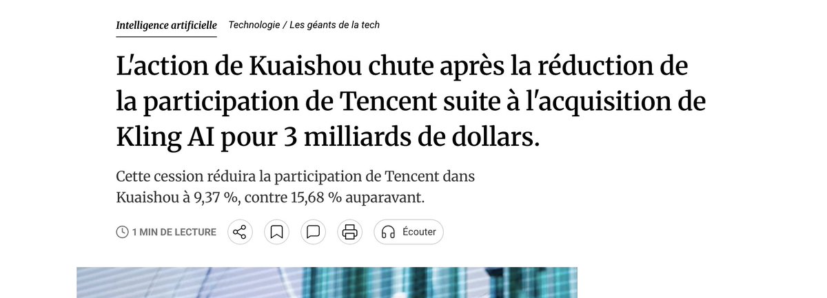 Disruption_IA's tweet photo. 💸 Tencent finance Kling AI à 3 milliards de dollars, puis largue ses actions Kuaishou en Bourse. L'action chute de 12 %.

Kuaishou a perdu 12 % après que Tencent a vendu 273 millions d'actions de classe B. La participation de Tencent passe de 15,68 % à 9,37 %, ce qui lui retire le statut d'actionnaire substantiel. Et le timing est savoureux : quelques jours plus tôt, Tencent menait un financement de 3 milliards de dollars pour Kling AI, l'activité de vidéo IA de Kuaishou.

En clair : Tencent veut rester exposé à l'IA vidéo (un marché qui explose avec la génération de contenus, la pub et les créateurs), mais il réduit son exposition au capital de Kuaishou, la plateforme de vidéo courte soumise à une concurrence féroce.

C'est une façon de dire au marché : "On croit à Kling, pas forcément au même prix à tout le reste." Le marché adore les histoires d'IA. Il adore encore plus savoir qui encaisse. Et pour Kuaishou, la conséquence est immédiate : l'IA attire des milliards, mais elle ne protège pas l'action quand un actionnaire clé vend.