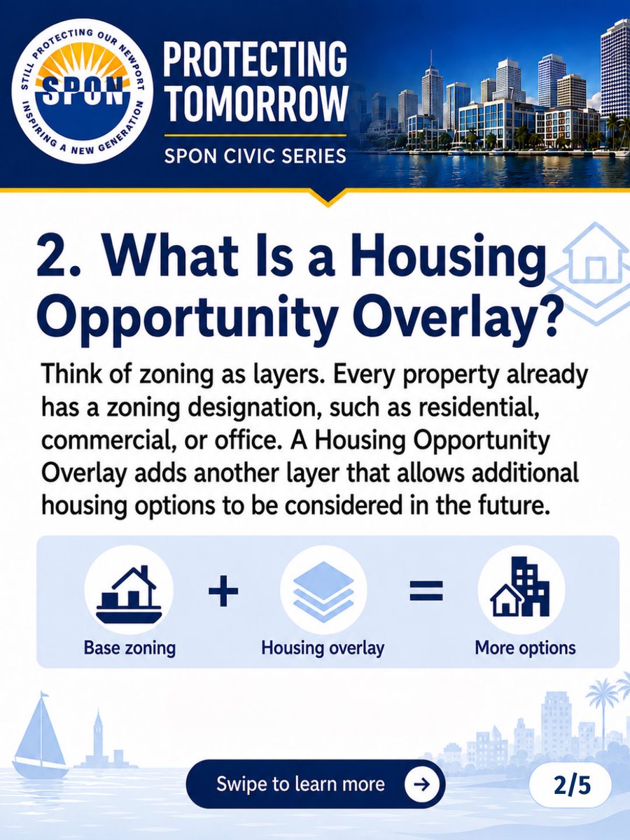 SPONNewport's tweet photo. Introducing Protecting Tomorrow, a new feature in the SPON Civic Series designed to make local government issues easier to understand.

Our first EXPLAINER breaks down Housing Opportunity Overlays — what they are, what they do, and why they matter for Newport Beach residents. https://t.co/68dk4uXHBW