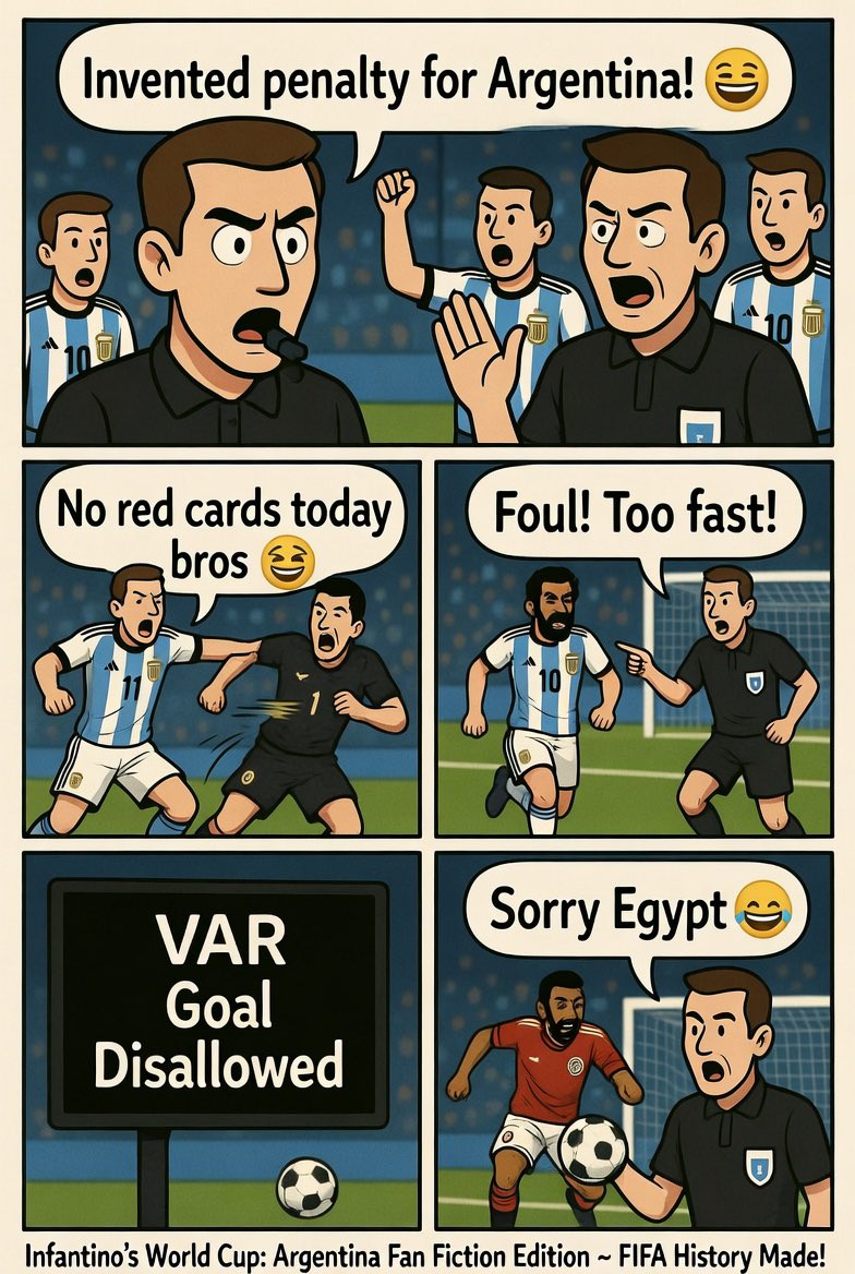 ikenn03's tweet photo. When Infantino turns the World Cup into Argentina Fan Fiction 😂⚽ Who’s writing the script??

Panel 1:
Referee blowing whistle
“Argentina gets a PENALTY out of thin air! ✨ MAGIC ✨”

Panel 2:
Nahuel & Cuti committing murder on the pitch
Ref: “Nahuel? Cuti? Y’all good bro, carry on 😂 No red card today!”

Panel 3:
Salah running alone towards goal
Ref: “FOUL! HOW DARE YOU BE FASTER THAN THEIR DEFENSE!!”

Panel 4:
Egypt scores a banger
Ref + VAR: “Disallowed. Offside by 0.0001mm. Sorry not sorry 😌”
Final Panel (Infantino smiling with Argentina flag):
“Best World Cup ever! FIFA HISTORY MADE TODAY 🔥💰”