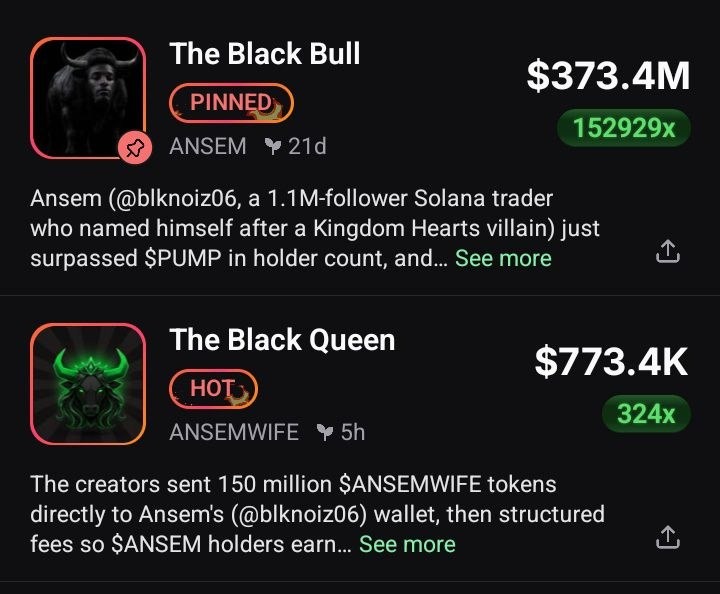 Blackqueensol's tweet photo. Husband and wife both trending on @Pumpfun

The Black Bull has a queen.

@blknoiz06
$ANSEM
$ANSEMWIFE https://t.co/j5inwD3ni0