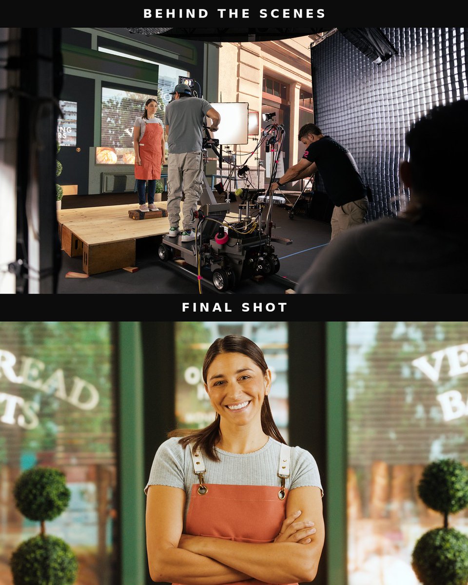 n2productions's tweet photo. That bakery does not exist.
It is an Unreal Engine environment on an LED wall.

This shot dollied back from a tight close-up to reveal the space.
A flat AI plate would have broken the illusion.
So we tracked Unreal live to camera.
Right tool. Right shot. https://t.co/mzaLomQF0P