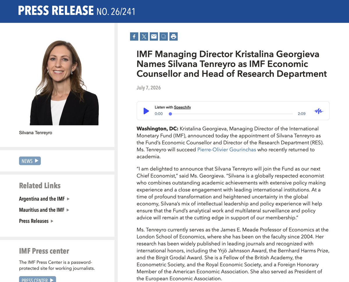 AmbokoJH's tweet photo. There's a new Chief Economist at the International Monetary Fund (IMF) - Silvana Tenreyro.

She is currently part of the IMF Managing Director’s External Advisory Group & has previously served as an external member of the Bank of England’s Monetary Policy Committee from 2017 to 2023; an economist at the Federal Reserve Bank of Boston & was a member of the Monetary Policy Committee of the Bank of Mauritius. 

She takes over from Pierre-Olivier Gourinchas.