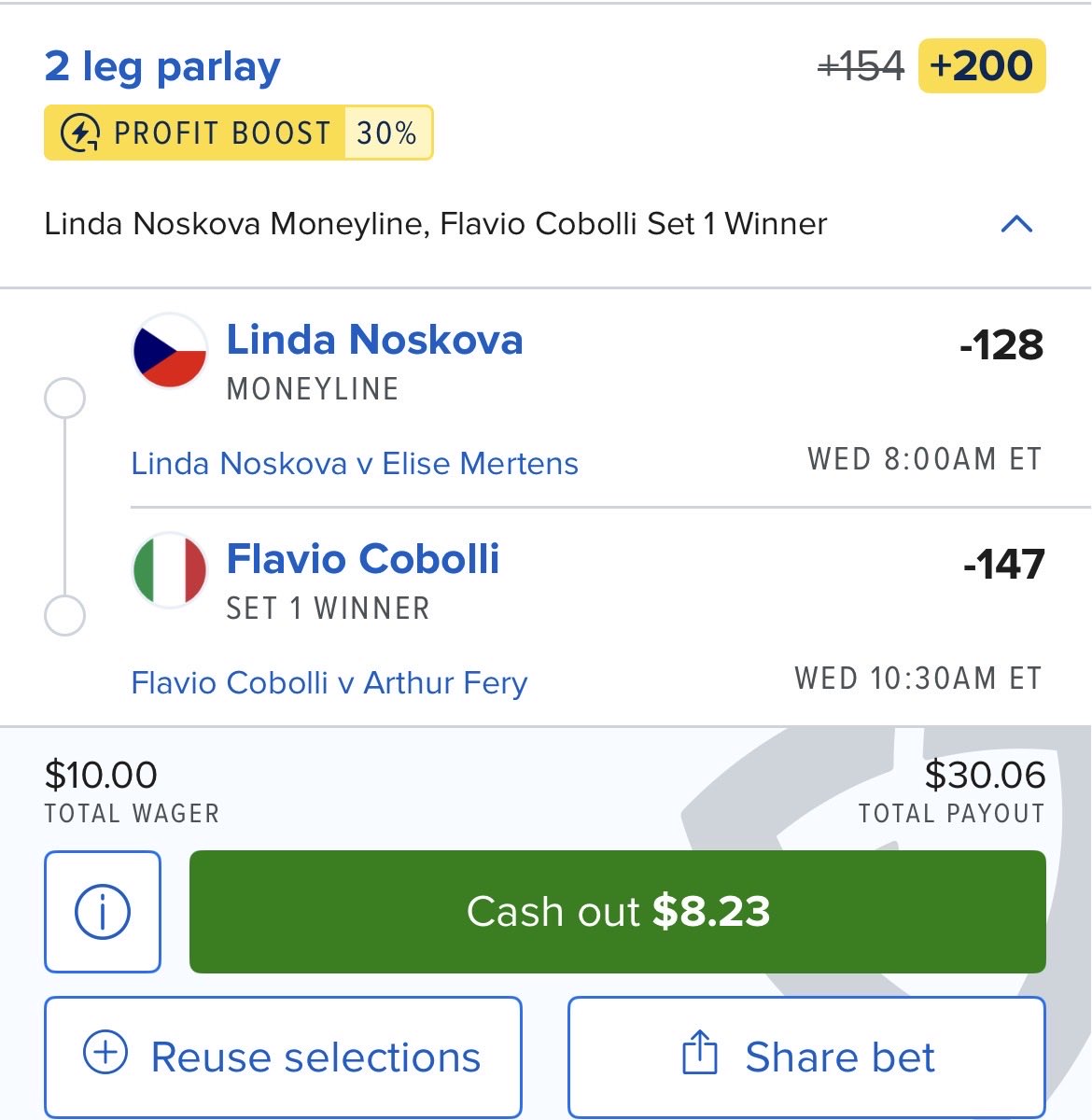 NCEVBets's tweet photo. FD Tennis Boost🎾

14%ev
QK: 1.75u

Tracking at $10 to win $30.06 https://t.co/4kAuKcU9Hi