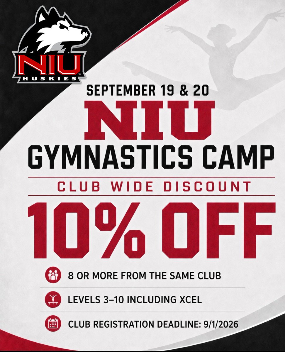 Niugymnastics's tweet photo. Double dip on savings with our early bird discount (available until 8/16) and one for your whole club!
Contact Chris Weiss (cweiss@niu.edu) with questions or to take advantage of this offer!
#GoHuskies #Explore #Experience #Engage https://t.co/9IGDLO2OHw