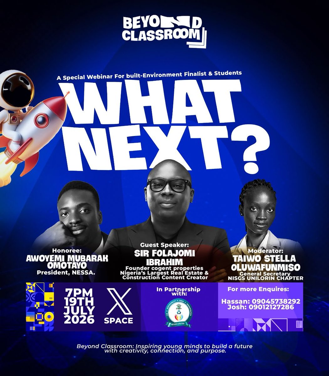 UnilorinNessa's tweet photo. 🚀 The question every finalist should be asking…

WHAT NEXT? 🎓

The journey doesn’t end with your final exams or graduation,it begins there.

Join us for an impactful conversation as we explore the opportunities, challenges, and strategies for thriving beyond the classroom. https://t.co/3Z4K1KS5GG