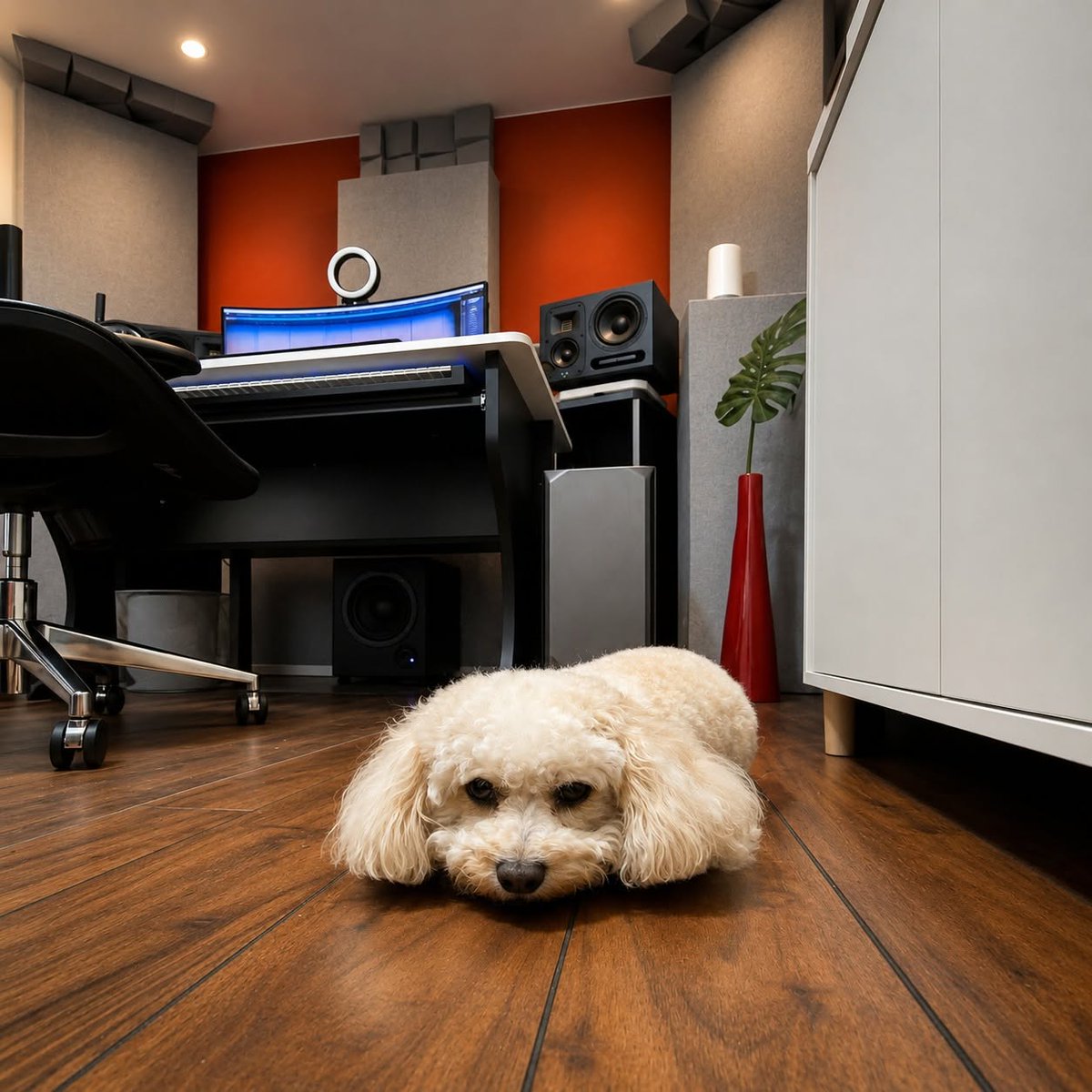 JeanMarcBoulier's tweet photo. Meet my dog, Charlie. She claims she’s here to check the low-end translation and make sure the master sounds crisp, but let’s be honest: it’s a heatwave outside, and the studio is the only room in the house with AC. 
#StudioDog #MasteringEngineer #StudioLife #Heatwave https://t.co/PEoItcYBxb
