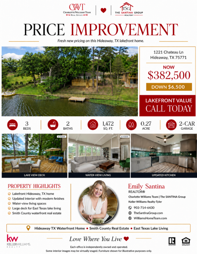 mlebusyb's tweet photo. 🚨 PRICE IMPROVEMENT | Hideaway, TX 🚨
📍 1221 Chateau Ln, Hideaway, TX 75771
New Price: $382,500
⬇️ Reduced $6,500
Motivated Seller — Make an Offer!
📲 Schedule your private showing today!
Charlotte Williams Team | The SANTINA Group
Emily Santina, REALTOR®
📞 903-714-6430 https://t.co/XRULlfi1xt