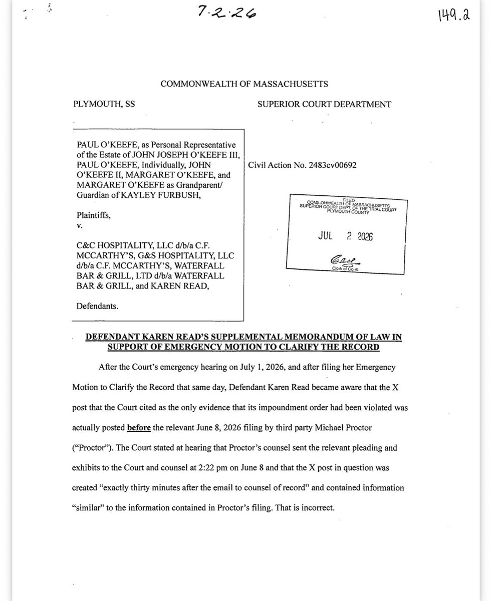theginnyjamz's tweet photo. So Karen Read filed not one, but TWO separate "Emergency Motions to Correct the Record" - and each one relied on different tweets.

Think about that - of all the attorneys and people there that day that had to sign affidavits, Karen Read and her team are the only ones combing through Twitter, collecting posts and filing emergency motions asking the court to "correct the record" based on social media.

And let's pretend, just for the sake of argument, that Judge Gildea was wrong. Congratulations - way to tell the judge it was MOST DEFINITELY you and your attorneys leaking information at SOME point and one or all of you lied on your affidavits. 🤣

As for what Judge Gildea actually said nothing about it was off base. Everyone knows her games with social media and reminding the attorneys of their duty of candor was sorely needed given the history surrounding every single one of her cases.