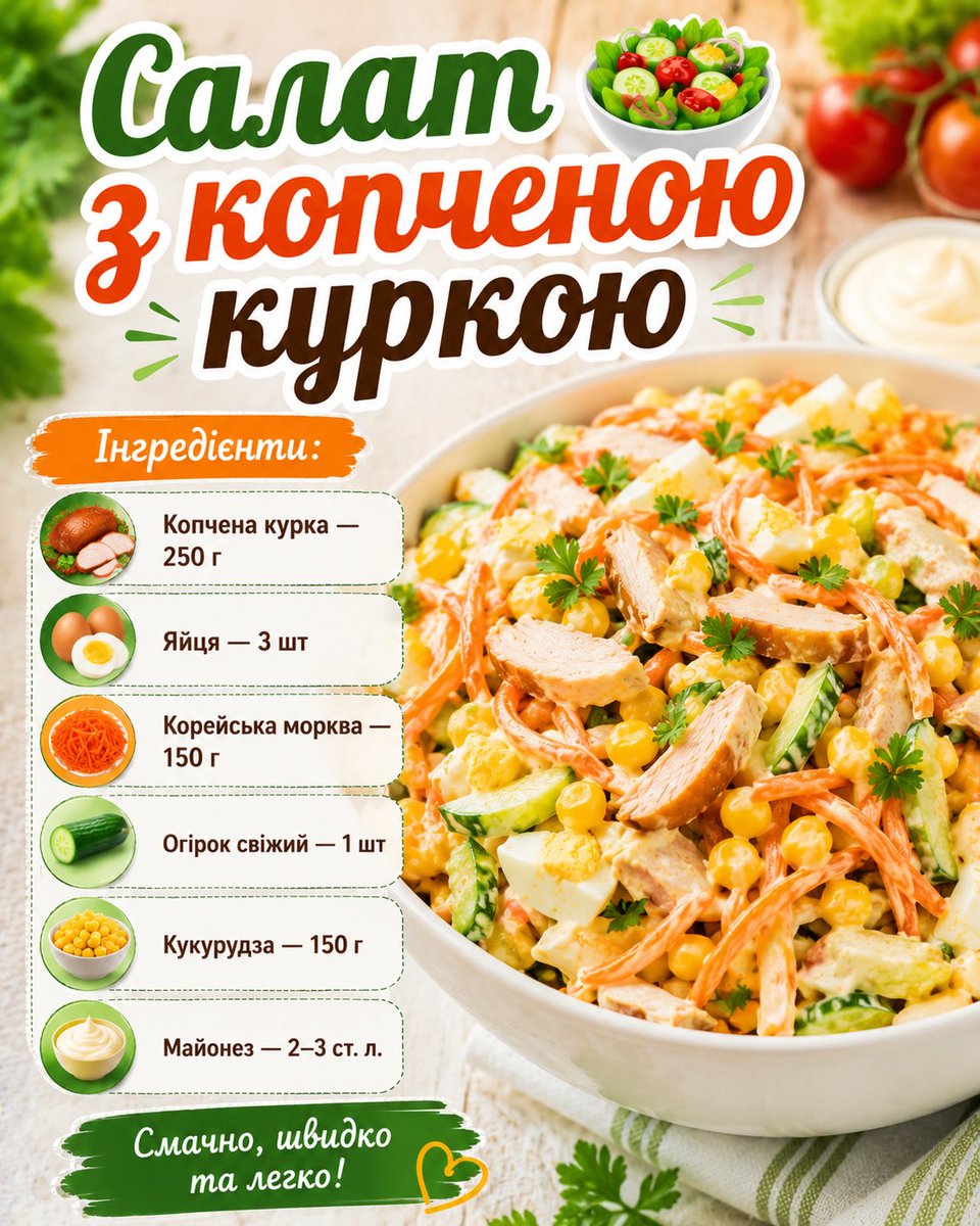fcvomond's tweet photo. Приготування:
Курку наріжте кубиками.
Яйця відваріть та подрібніть.
Огірок наріжте соломкою.
Змішайте всі інгредієнти, додайте кукурудзу та майонез.
Перемішайте й подавайте.
#салатзкопченоюкуркою #салат #смачнорецепти #швидкорецепт #домашнякухня 🥗 https://t.co/Cw1eXIPyGL