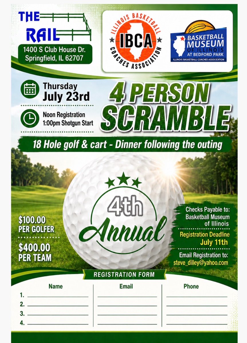 sdilley20's tweet photo. The 4th Annual Central Illinois @ibcacoaches Basketball Museum of Illinois Golf Outing is just over 2 weeks away. 

Great opportunity to play the esteemed Rail Golf Course &amp; support the impending museum. #ForeLoveOfTheGame 

@IBCArecsec @BBallMuseumIL https://t.co/LikRgCqRfz