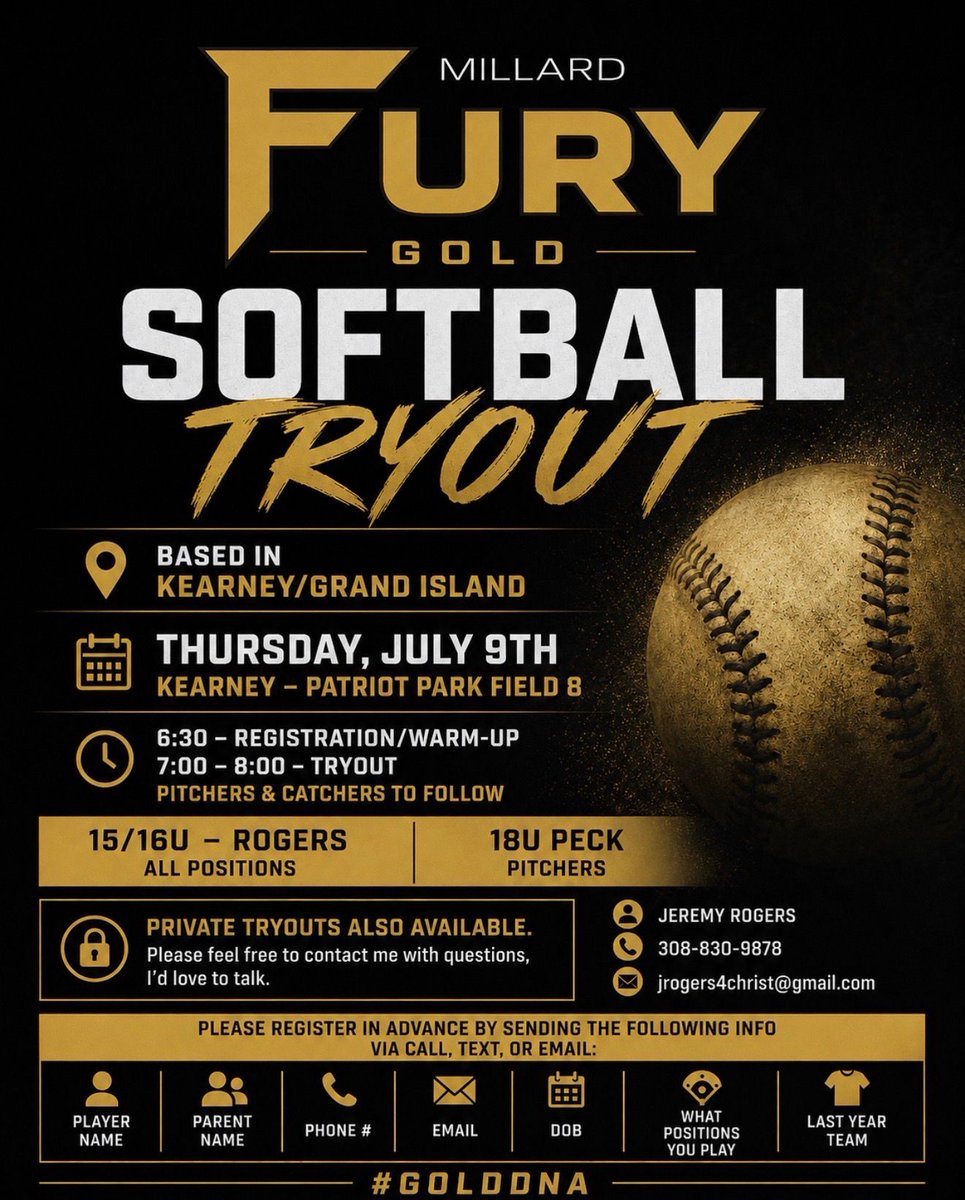 MillardUnited's tweet photo. 15U/16U &amp; 18U competitive softball tryouts THIS Thursday, July 9th in Kearney. If you have questions or want more info, please contact Coach Jeremy Rogers - 308-830-9878🥎 https://t.co/e6EIaUXyQQ