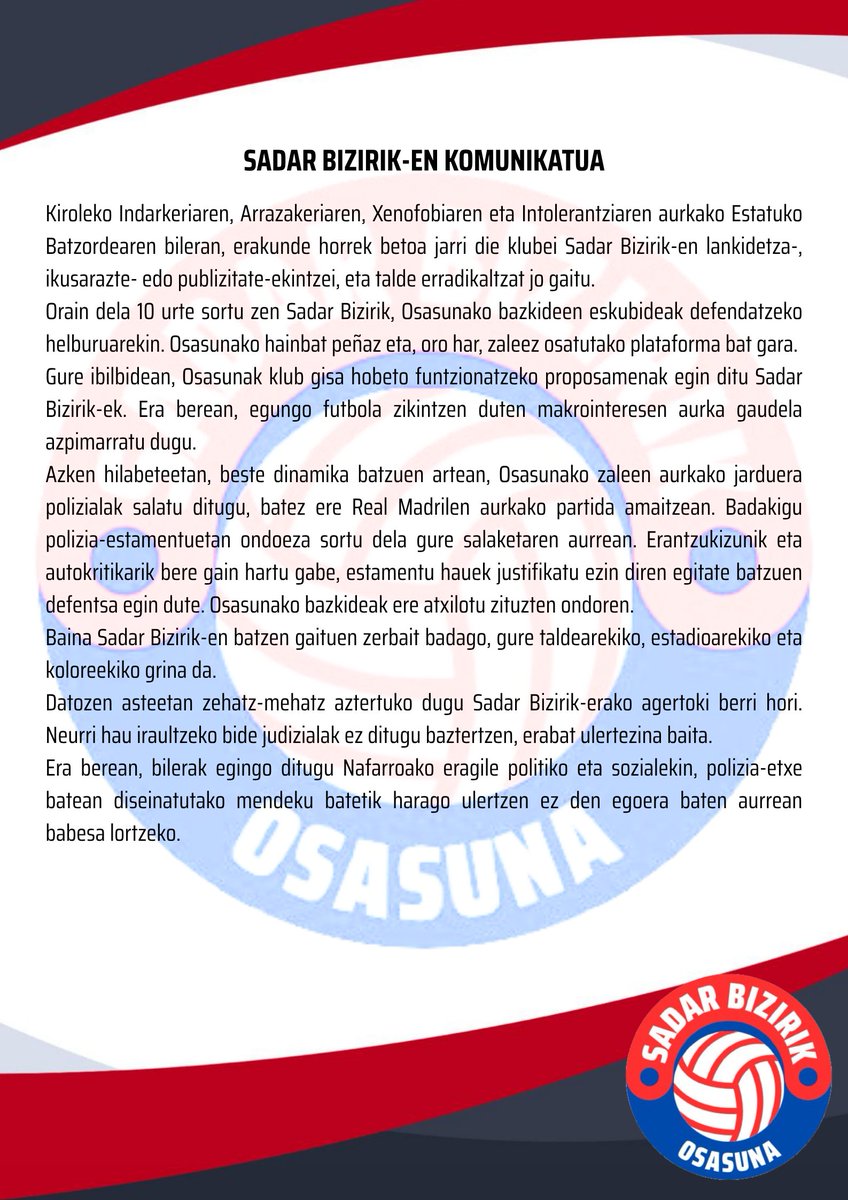 sadarbizirik's tweet photo. 🔴 Kiroleko Indarkeriaren, Arrazakeriaren, Xenofobiaren eta Intolerantziaren aurkako Estatuko Batzordearen bileraren aurrean Sadar Bizirik-en adierazpena.
🔵 Osasuna garelako. https://t.co/YBaC7zbNVB