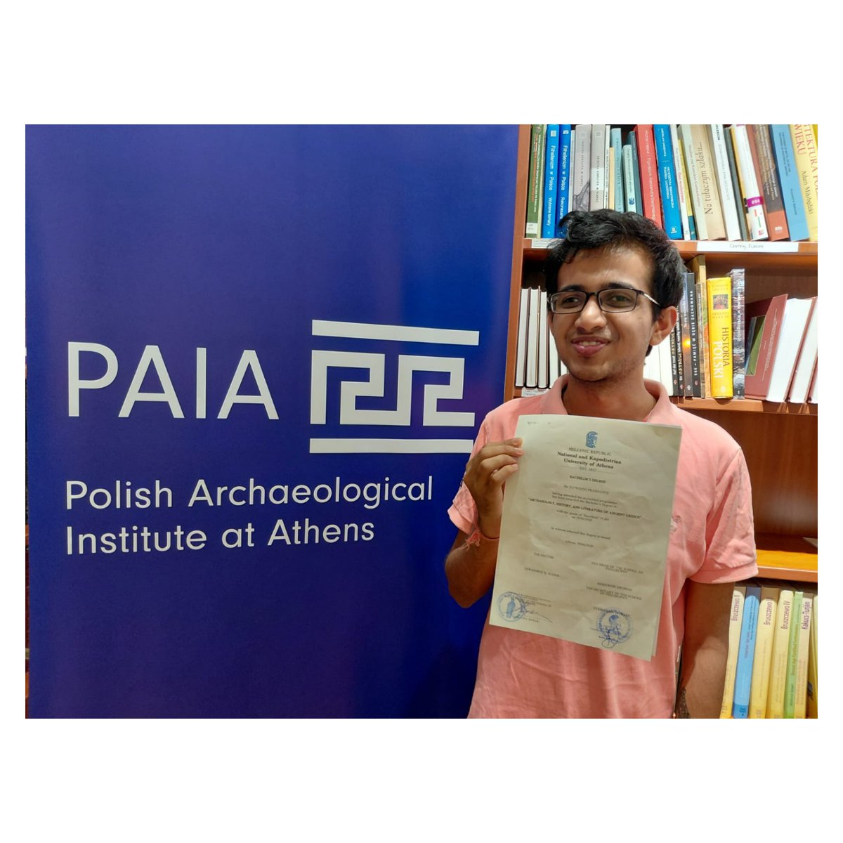 PLArchaeoAthens's tweet photo. 🟡#PAIA_LIFE Congrats to Supreeth Prashanth on completing his BA in Archaeo, History&amp;Ancient Greek Literature at the Athens' Uni.  We wish him every success as he begins his scholarship in Bologna. Over the past 3 years, Supreeth has been an active participant in #PAIA lectures. https://t.co/WQIgxWwIID