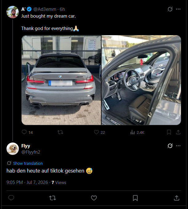 flyyfn3's tweet photo. @Ad3emm einfach fortnite bubble so peinlich geworden das sie über autos lügen müssen hahahaaha https://t.co/FsOiL4fNpQ
