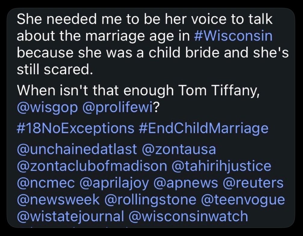 DrBarnabyPhD's tweet photo. @TomTiffanyWI When isn't it enough?
@TomTiffanyWI @wisgop @prolifewi?

#18NoExceptions #EndChildMarriage
@UnchainedAtLast @ZontaUSA @tahirihjustice @ncmec @aprilajoyr @AP @Reuters
@Newsweek @RollingStone @TeenVogue @WiStateJournal @WisconsinWatch https://t.co/9FYvpGJYIM