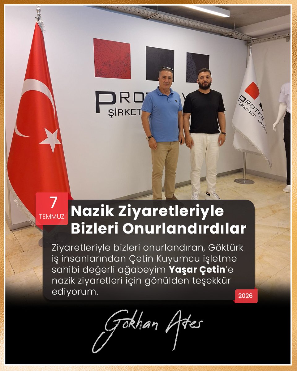 Gokhanaates's tweet photo. Nazik Ziyaretleriyle Bizleri Onurlandırdılar
Ziyaretleriyle bizleri onurlandıran, Göktürk iş insanlarından Çetin Kuyumcu işletme sahibi değerli ağabeyim Yaşar Çetin’enazik ziyaretleri için gönülden teşekkür ediyorum.
#gökhanateş #protek #protekvipşirketlergrubu https://t.co/8c9dVuLw3y