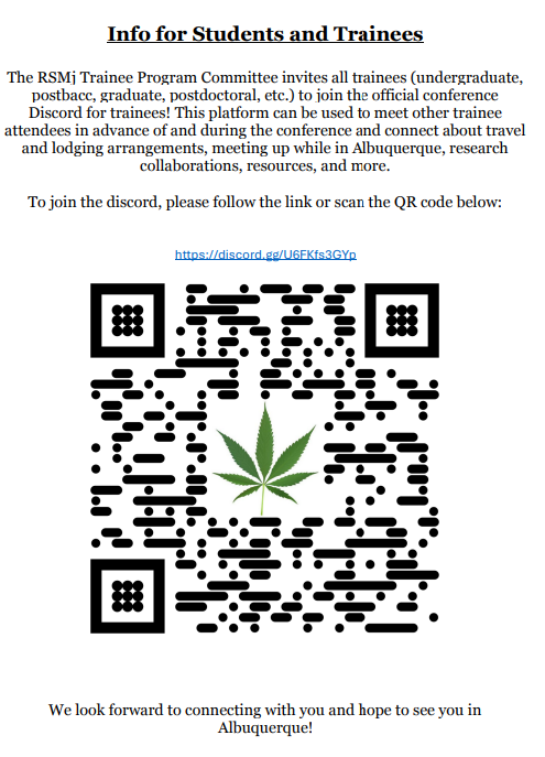 ResearchMJ's tweet photo. The RSMj Trainee Program Committee invites all trainees (undergrad, postbacc, grad, postdoc) to join the #RSMj conference Discord for trainees. Meet other trainee attendees and connect about lodging, meetings, research collaborations, and resources https://t.co/v5FQVjnlfr https://t.co/6FfVapCTPG