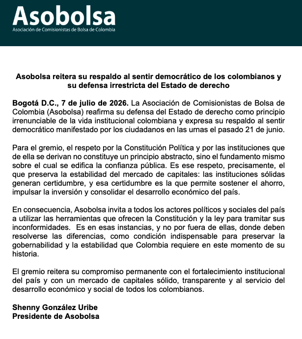 Asobolsa's tweet photo. @Asobolsa  reitera su respaldo al sentir democrático de los colombianos y su defensa irrestricta del Estado de derecho. Comunicado de Prensa. https://t.co/vaPk6pIdD3