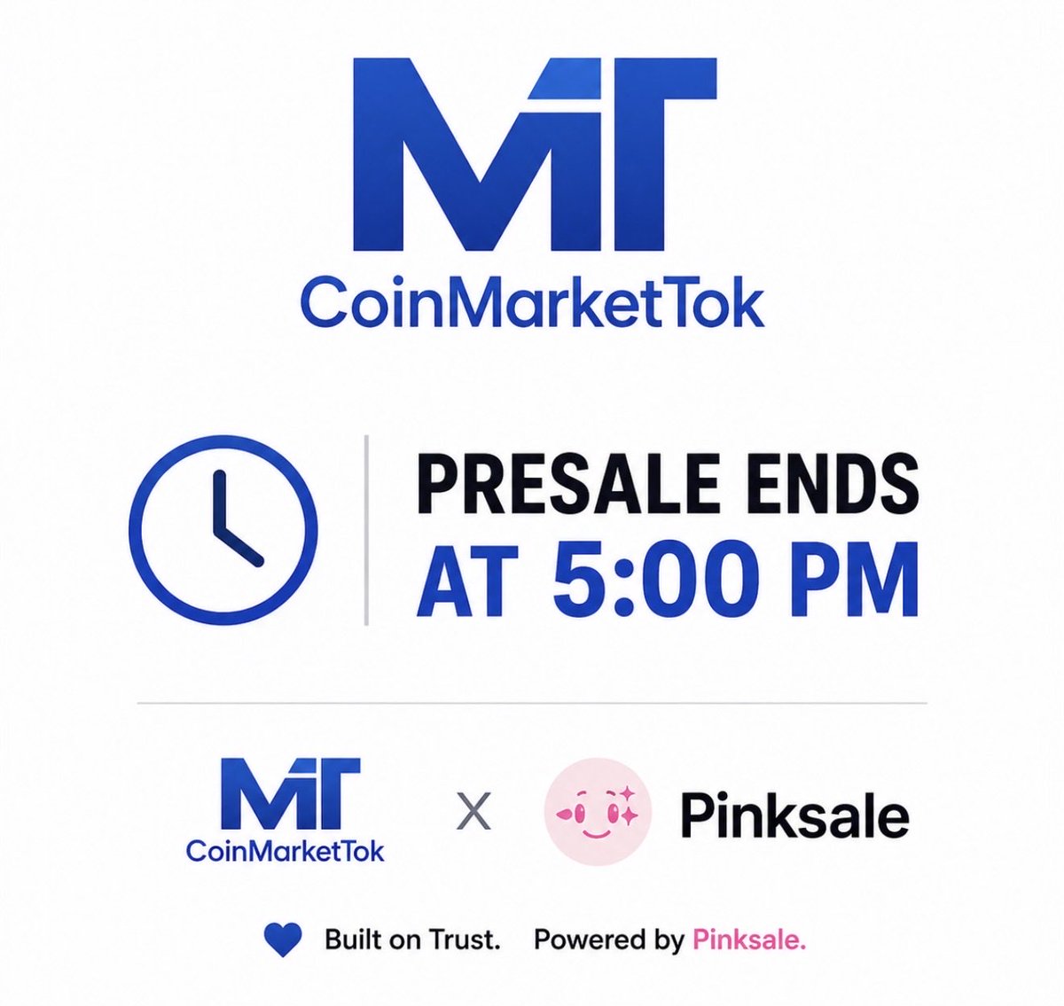 CoinMarketTok's tweet photo. 🚨 FINAL HOURS. $CMT PRESALE ENDS AT 5:00 PM. ⏳🚀

🚀 OFFICIAL PRESALE:
https://t.co/GFQ7dVSiP4

One chapter closes. The real journey begins now. 🌍💎

Special recognition to @pinkecosystem for supporting this stage of our journey. 🤝

🔁 RETWEET. LIKE. SHARE.
Help us take @CoinMarketTok further.

🌐 PLATFORM:
https://t.co/ZtiOkVbUoS

@CoinMarketTok @pinkecosystem @solana @binance @BNBCHAIN @ethereum @Bybit_Official

WE BUILD. WE SCALE. WE KEEP MOVING. 🔥

#CMT #CoinMarketTok #Web3 #Crypto