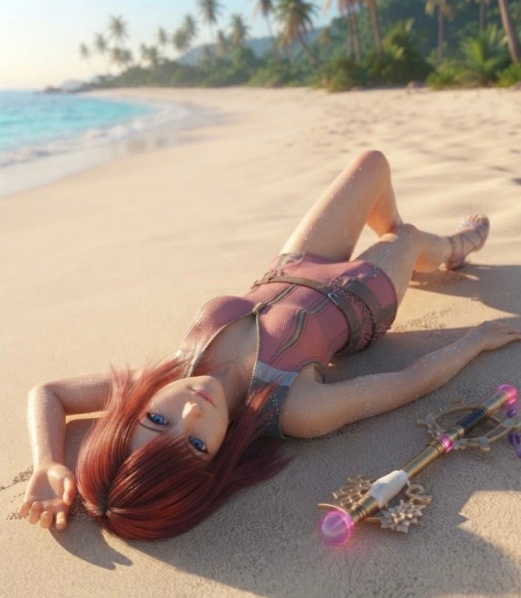 JohnyWinstons's tweet photo. Kairi laying on the beach, modeling her short skirt and high heels #KH2 #MainCharacter #KingdomHearts2 https://t.co/TsbTpkGzy5