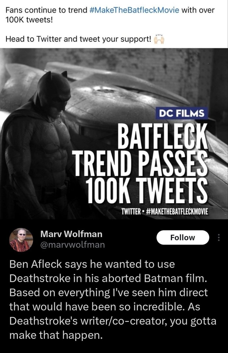 restoreZSJL's tweet photo. #MakeTheBatfleckMovie

It's what the fans want.

It's also what the co-creator of Deathstroke wants.

If this movie doesn't make a billion, they we have no idea what DC should be doing.

It's a good place to see what the audience wants though. https://t.co/oAqOrWFrqu