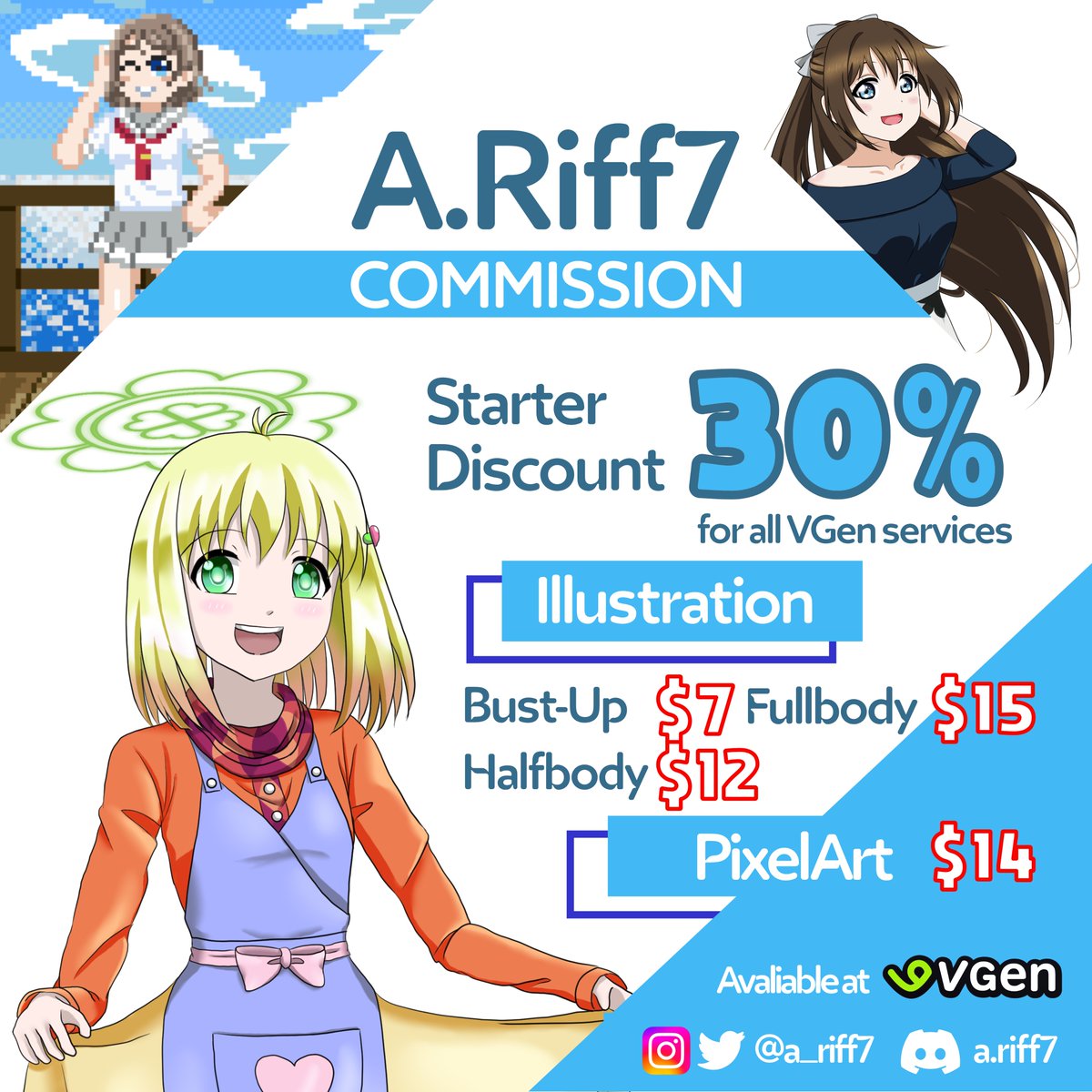 a_riff7's tweet photo. Heya! This is my first time I'm held something like this. For starters, I'm offering a discount for all of my VGen services up to 30% off due TODAY! The period is up to July 14th.
Feel free to DM me if you interested! Don't miss it!😉 https://t.co/dCxZEiTsTh
#vgencommissions https://t.co/DVqNVUpucH