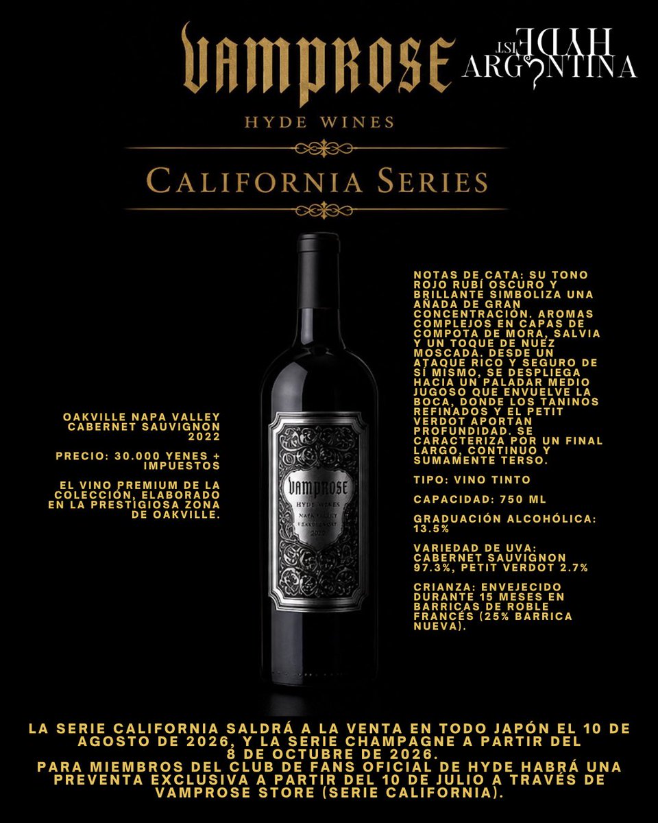 HydeistArg's tweet photo. 🍷Nace VAMPROSE -HYDE WINES- HYDE presenta su propia marca de vino y champagne premium.
Serie California: Lanzamiento el 10 de agosto.
Serie Champagne (Extra Brut by Palmer): Lanzamiento el 8 de octubre.
#HYDE #HYDEWINES #VAMPROSE #ワイン #シャンパン https://t.co/kGM4t8djms