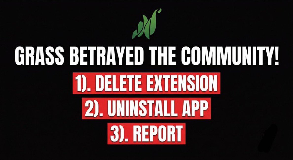 Cryptomailbox's tweet photo. ➜ Delete the Grass extension from Chrome
➜ Uninstall the app
➜ Report them everywhere

Tell your community to do the same. If we don't speak up, other projects will copy this. https://t.co/fu5xcxh0YU