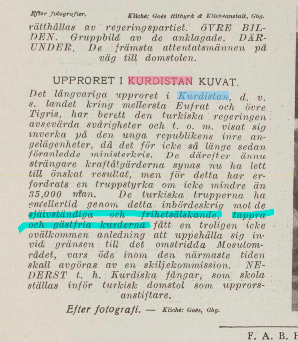 kawablacksmith's tweet photo. Swedish newspaper in 1925, after the Sheikh Said rebellion. 

“However, by waging this civil war against the independent, freedom-loving, brave, and hospitable Kurdish people, the Turkish army has found what is likely a convenient pretext for maintaining its forces…” https://t.co/62y7Rido3p
