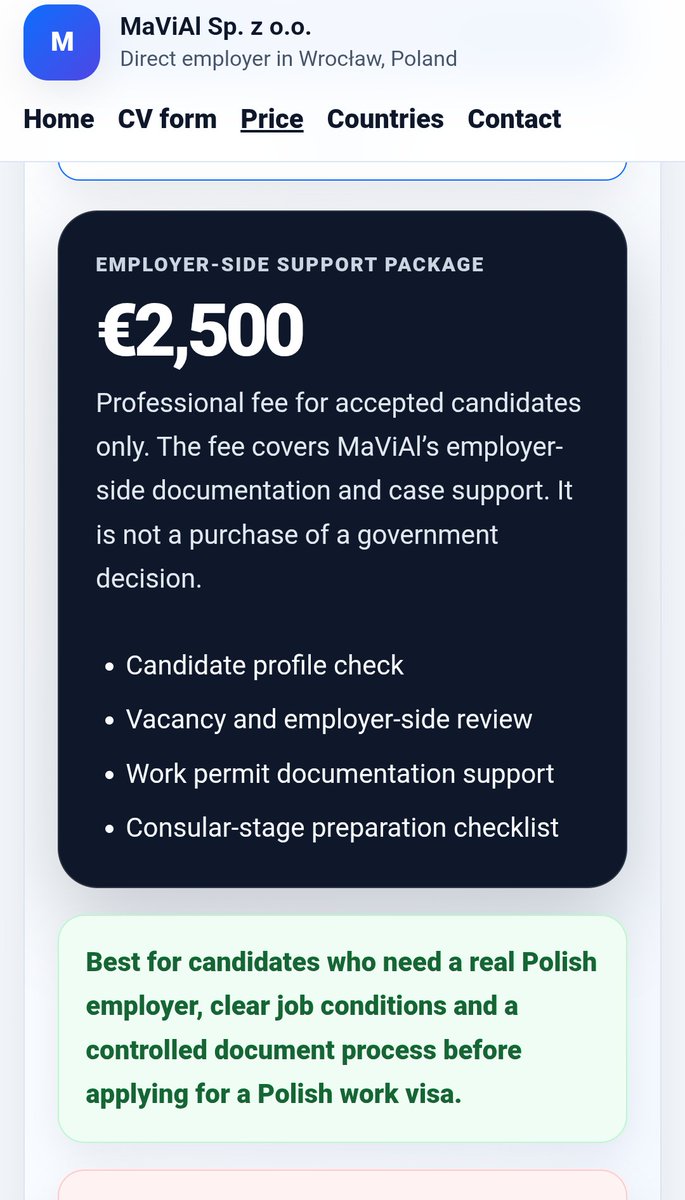 KonradKrajewsk6's tweet photo. Białoruska drukarnia z Wrocławia „MaViAl Sp. z o.o.” kasuje od migrantów z Azji i Afryki aż 2500 EURO za tzw. „pakiet wsparcia pracodawcy” i przygotowanie dokumentów pod polską wizę pracowniczą! 

Kandydat płaci ponad 10 000 zł za „profilowanie” i „kontakt z konsulatem”.
 Generator AI: Cała strona www i opisy wyglądają jak wypluty prosto z Chata GPT.

Czy to legalny biznes, czy po prostu internetowy scam AI polujący na zdesperowanych ludzi?
Podajcie dalej (RT) 🔄 i piszcie w komentarzach, co o tym myślicie! 👇