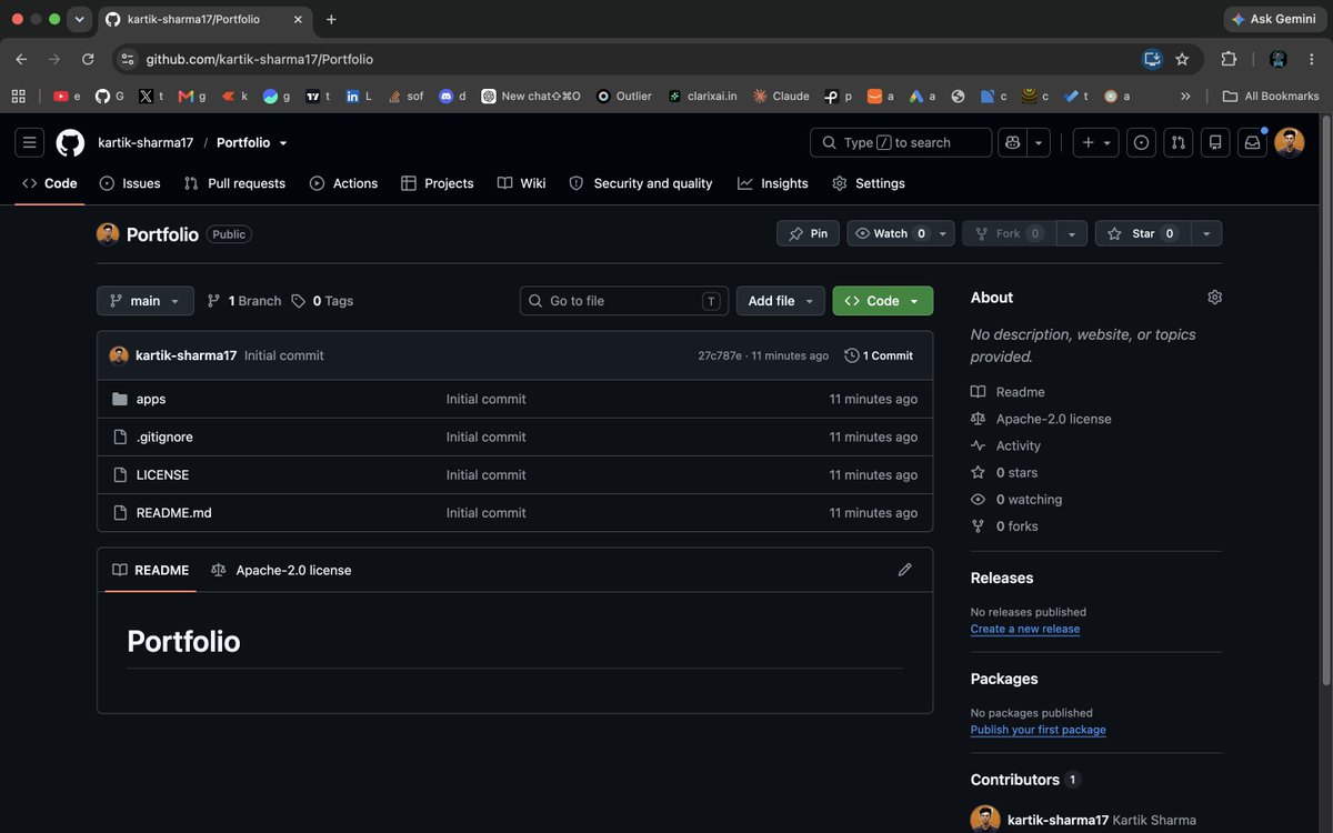 devkartik17's tweet photo. Starting to build in public
Project 1: rebuilding my portfolio
Goal: learn Redis (caching + rate limiting), Firebase, and deploy on AWS EC2 with CI/CD
Stack: Next.js + FastAPI + MongoDB/Prisma
Day 1: set up monorepo + repo. Also watched too much YouTube
#buildinpublic #webdev https://t.co/957oEcGtCo