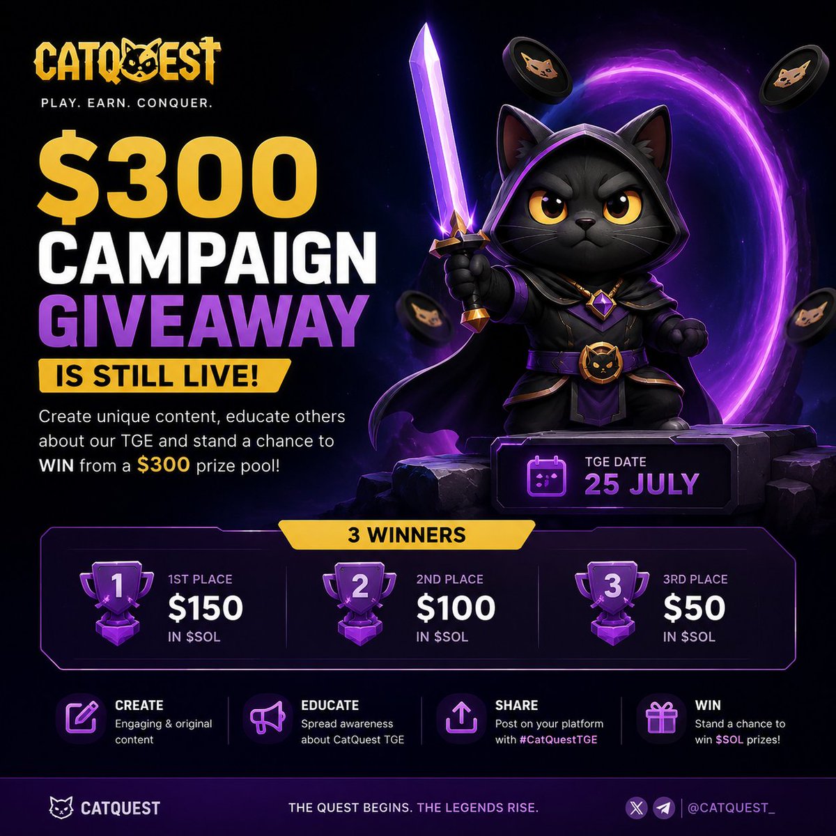 Catquestdex0's tweet photo. 🚨 CatQuest $300 Giveaway is LIVE! 🐱🚀

🏆 3 winners. $300 in SOL.

Create unique content about our July 25 TGE, spread the word, and compete for your share of the prize pool.

LFG! 🔥

#CatQuest #Solana #TGE #Crypto https://t.co/VfOm4kvptd