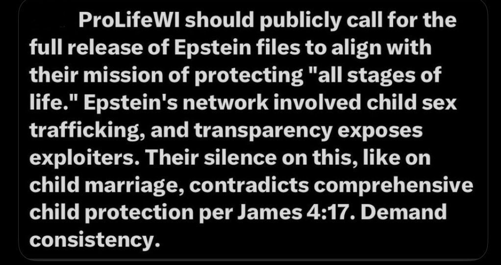 DrBarnabyPhD's tweet photo. @TomTiffanyWI @WisGOP @ProLifeWI @UnchainedAtLast @ZontaUSA @tahirihjustice @NCMEC @aprilajoyr @AP @Reuters @Newsweek @RollingStone @TeenVogue @WiStateJournal @WisconsinWatch Release the #EpsteinFiles. https://t.co/AmIV9vA7GB