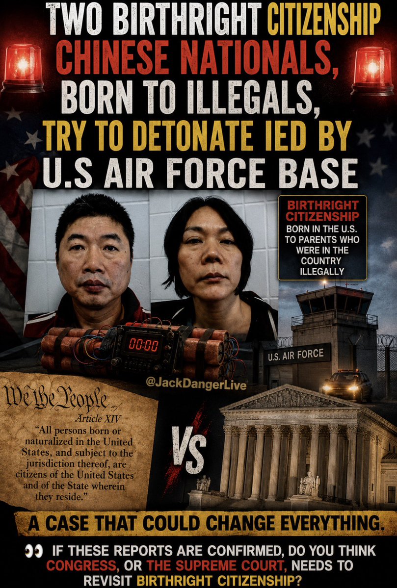 JackDangerLIVE's tweet photo. 🚨 TWO BIRTHRIGHT CITIZENSHIP CHINESE NATIONALS, BORN TO ILLEGALS, TRY TO DETONATE IED BY U.S AIR FORCE BASE 🚨

Reports are circulating that two Chinese nationals accused of attempting to detonate an explosive device near a U.S. Air Force base were born in the United States to parents who were in the country illegally.

This case is likely to reignite one of the country’s biggest constitutional and political debates:

🇺🇸 Should birthright citizenship automatically apply in every circumstance?

Critics argue the original intent of the 14th Amendment was never to create automatic citizenship for the children of people who entered or remained in the country unlawfully.

Whatever your position, this case is certain to become part of that debate.

Americans deserve the full facts about what happened, how the suspects entered or remained in the country, and whether existing laws adequately protect national security.

👀 If these reports are confirmed, do you think Congress, or the Supreme Court, needs to revisit birthright citizenship?