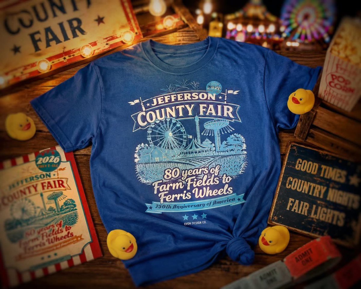 EvonDesign's tweet photo. The Jefferson County Fair starts tonight and we've loved creating this fun, retro look for their 80th Anniversary! The gates open at 5pm, so get over there and grab some of our merch and take a spin around the Ferris Wheel!  July 7-11th!

We’ll see you under the midway lights! https://t.co/svY1OHY58G