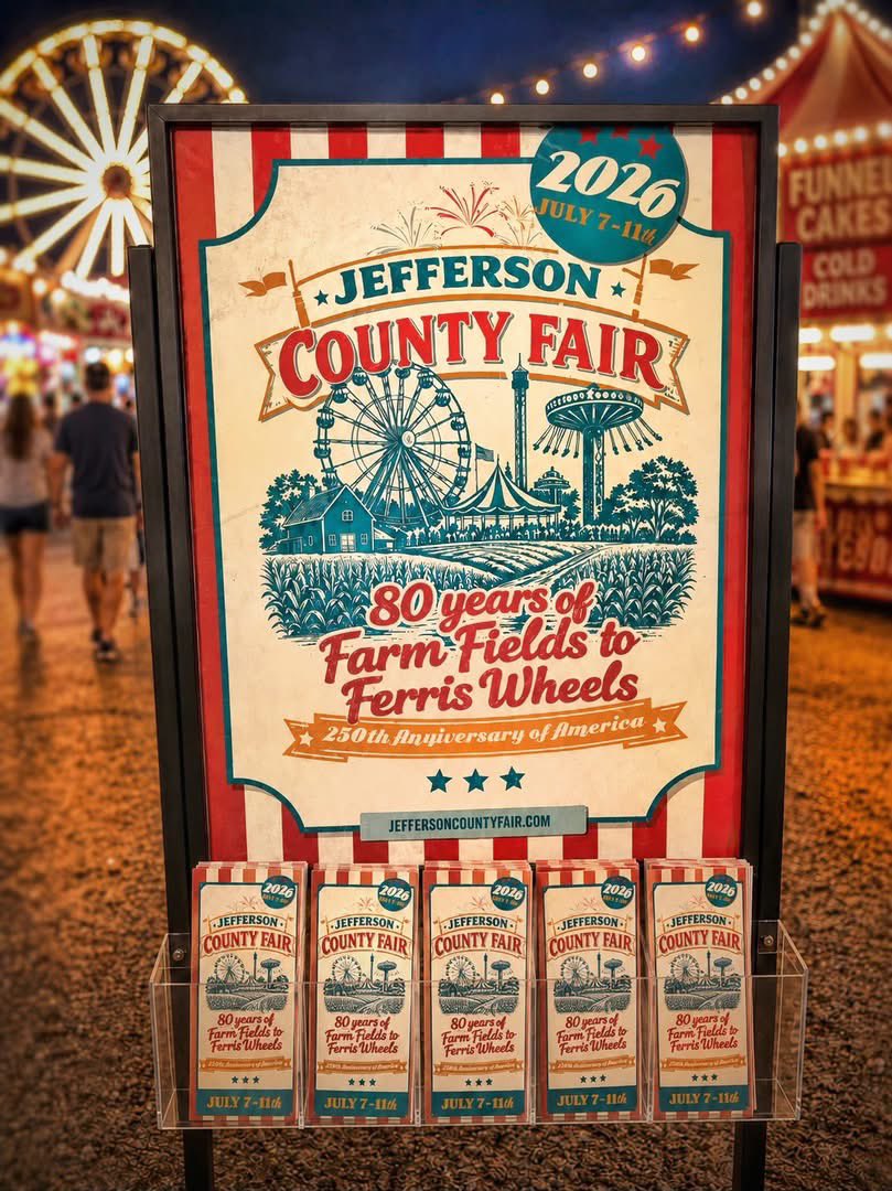 EvonDesign's tweet photo. The Jefferson County Fair starts tonight and we've loved creating this fun, retro look for their 80th Anniversary! The gates open at 5pm, so get over there and grab some of our merch and take a spin around the Ferris Wheel!  July 7-11th!

We’ll see you under the midway lights! https://t.co/svY1OHY58G
