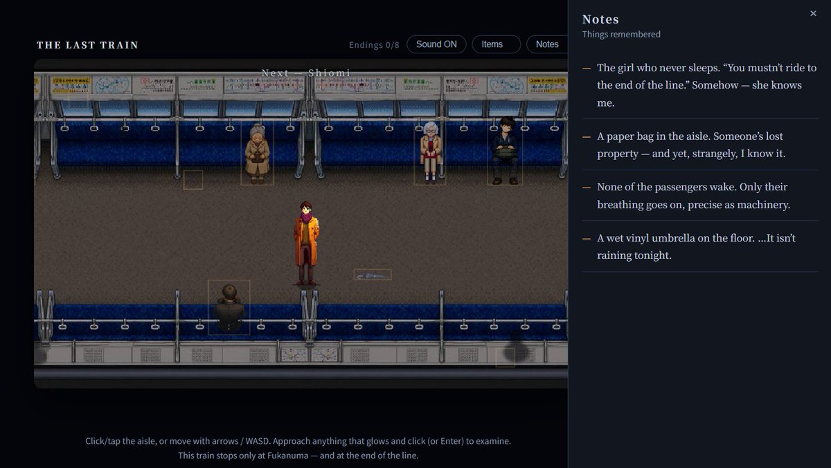 NegiStudio_EN's tweet photo. Step aboard the last train 🚃🌙
A hand-crafted pixel-art world — quiet, dim, unsettling.

"None of the passengers wake. Only their breathing goes on, precise as machinery."

Investigate, choose, reach 1 of 8 endings ▶ https://t.co/9l8IWc8SjS
#horrorgame #indiehorror #pixelart https://t.co/okAhh1rkMm