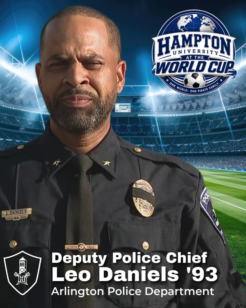 HamptonU_Alumni's tweet photo. Congrats to Hampton University alumnus Leo Daniels '93, Deputy Police Chief for Arlington, Texas, who is helping lead public safety efforts as Arlington hosts the FIFA World Cup 2026™. Your leadership reflects the Standard of Excellence 🌎⚽

#OneHampton #FIFAWorldCup2026 https://t.co/aYaq04HuH1