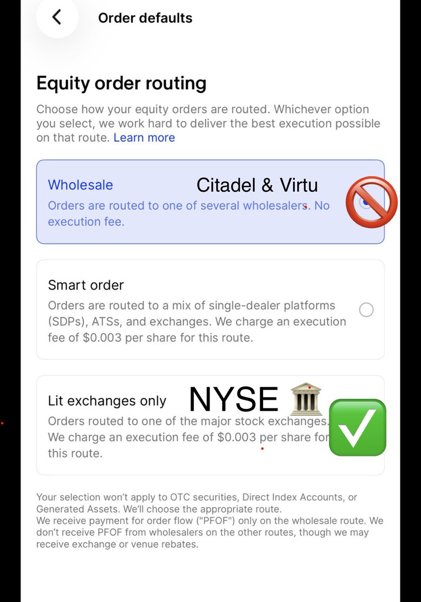 trvsrdrgz2's tweet photo. This is how WE WIN 🏆  Very Important 

Stop 🚫 Feeding Citadel and Virtu your STOCK Orders on $AMC $GME , Good info @KatStryker111! (Read her Post , find your Broker) 

YOUR BROKERS all have Options to Pick which Exchanges you want your Buy orders going to called “ORDER ROUTING” 

here in this photo is https://t.co/bbojvkPJz3 , THIS IS A EXAMPLE, you can Choose if you want your orders sent to citadel or Virtu who are Wholesalers who are internalizing your buy order and hedging with Swaps 🚫

Or 

Lit Exchanges ✅ , when you Choose Lit exchanges it picks Exchanges on the Floor of the NYSE

THIS IS JUST A EXAMPLE , in Kat’s post 👇🏽below 

she goes over Various Brokers and how to Choose LIT Exchanges , like IEX and NYSE

(Your Broker has your settings set to Wholesalers automatically cause they want to get paid by citadel and virtu a steady income selling your order flow to them. Called PFOF)

IEX Exchange in Kat’s post below 👇🏽is a Lit Exchange

They are a legitimate LIT Exchange that are looking for your orders 

IEX ARE NOT WHOLESALERS 

They are a “EXCHANGE” looking to Match your Buy order with a Legitimate Sell order and make a small profit from the transaction.

The Only difference is they don’t PAY FOR ORDER FLOW , they Compete with other exchanges for your Order flow

Your BROKER makes money 💵 routing your orders called “Maker / Taker” rebates 

IEX wants your Order Flow , NYSE wants you order flow and they compete to try to prove to your broker they have the best execution 

IEX charges YOUR BROKER a Execution fee of 0.0009 per share for every share so your BROKER gets a smaller to barely any rebate back on your Transaction 

Compared to Routing you order to citadel and virtu 

That’s why they have it fuckn set on default to Wholesalers on your brokerage apps 

Change that shit! 

Go to Kat’s post below , find your broker and Change the order routing 

Switch it to IEX or any Lit Exchange and we will start seeing orders hit the lit markets again

And we see REAL VOLUME hit the Exchanges and not at the mercy of Citadel and Virtus discretion.