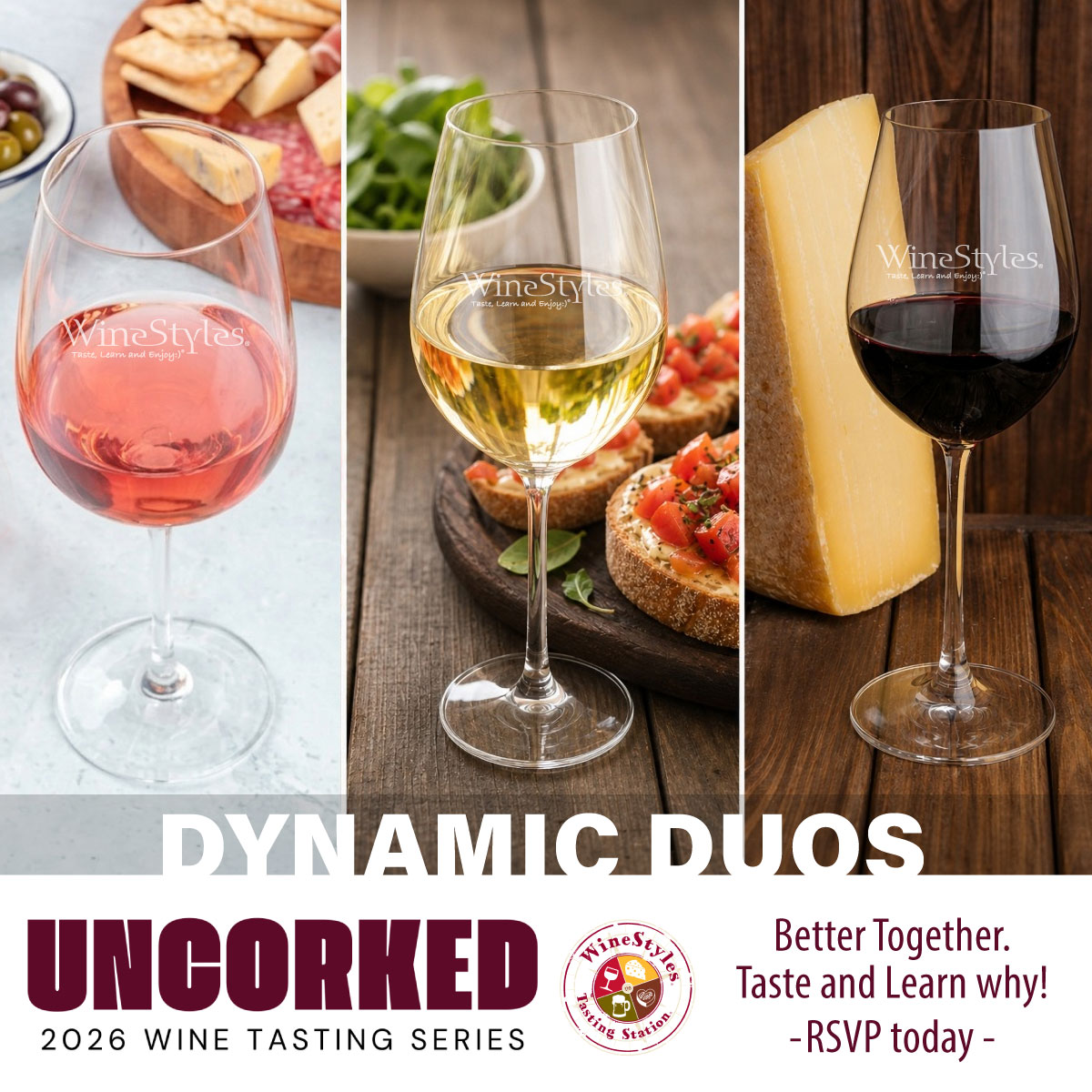 WineStylesStore's tweet photo. 🍷 ✨ Ever wonder why some wine and food pairings seem magical? Discover the secret behind the iconic duos at our next Uncorked Educational wine tasting class! RSVP at your local WineStyles today! #Uncorked #DynamicDuos #WineTasting #WineEducation #WineClass #WineBar #WineStore https://t.co/mqeBpEq2wp