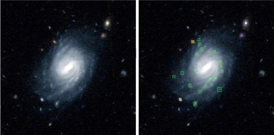 Image of a clumpy galaxy from the Euclid mission with colored boxes where a computer thinks there are clumps or other objects in the image like stars or background galaxies. At Galax Zoo: Clump Scout II you’ll move these boxes around to train the computer model.
Image data: Euclid (ESA/Euclid/Euclid Consortium/NASA - CC BY 3.0 IGO). Image compilation by Lucy Fortson.