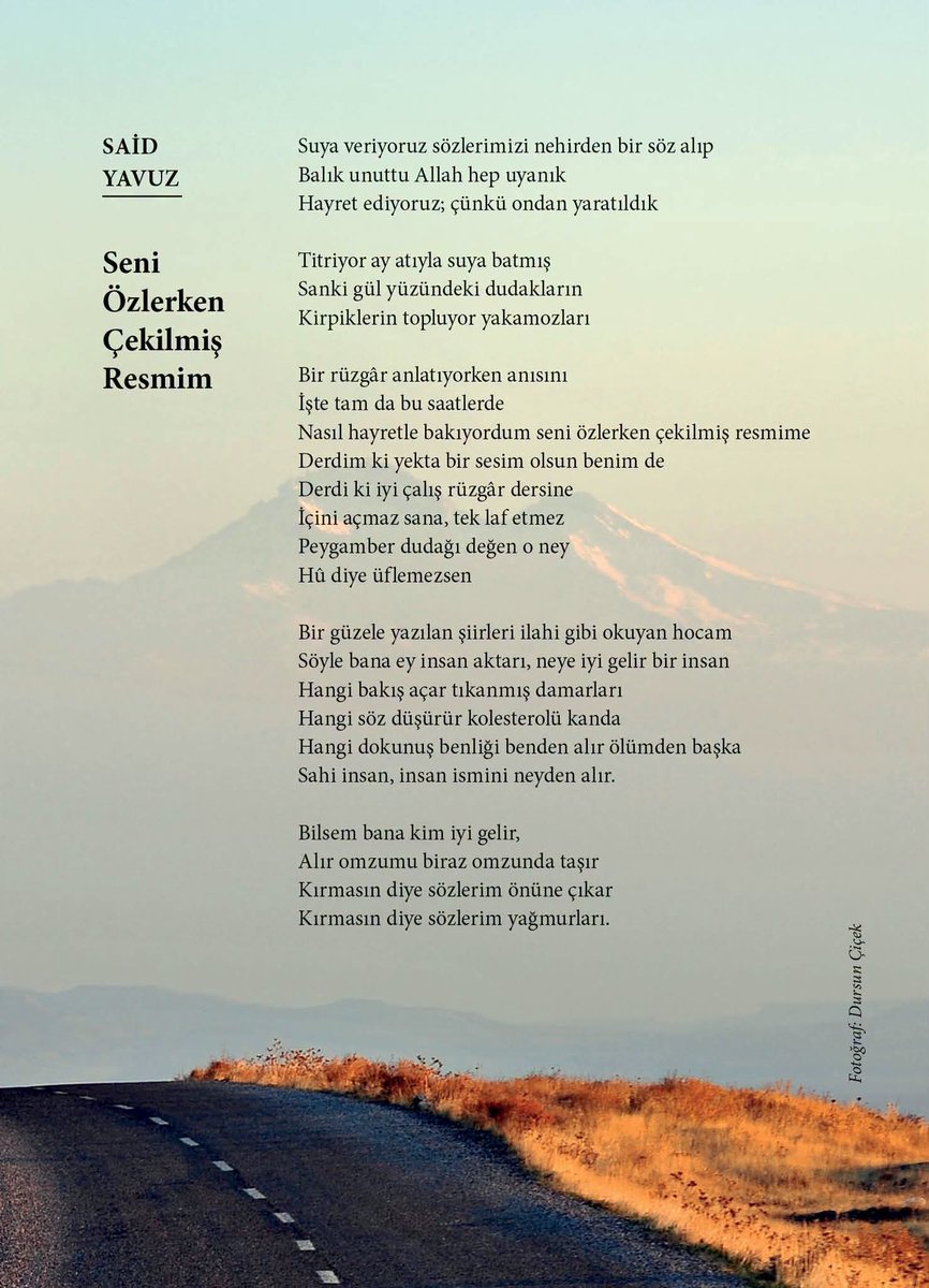 ahmetedip's tweet photo. Muhit'te bir "yâryüzü manzarası" eşliğinde nefis bir Said Yavuz şiiri. Şiir en hakiki hayret nazarıdır ve nazarı olmayanın bir manzarası da olabilemez...

"Suya seviyoruz sözlerimizi nehirden bir söz alıp 
Balık unuttu Allah hep uyanık
Hayret ediyoruz çünkü ondan yaratıldık" https://t.co/pL0NImoKXl