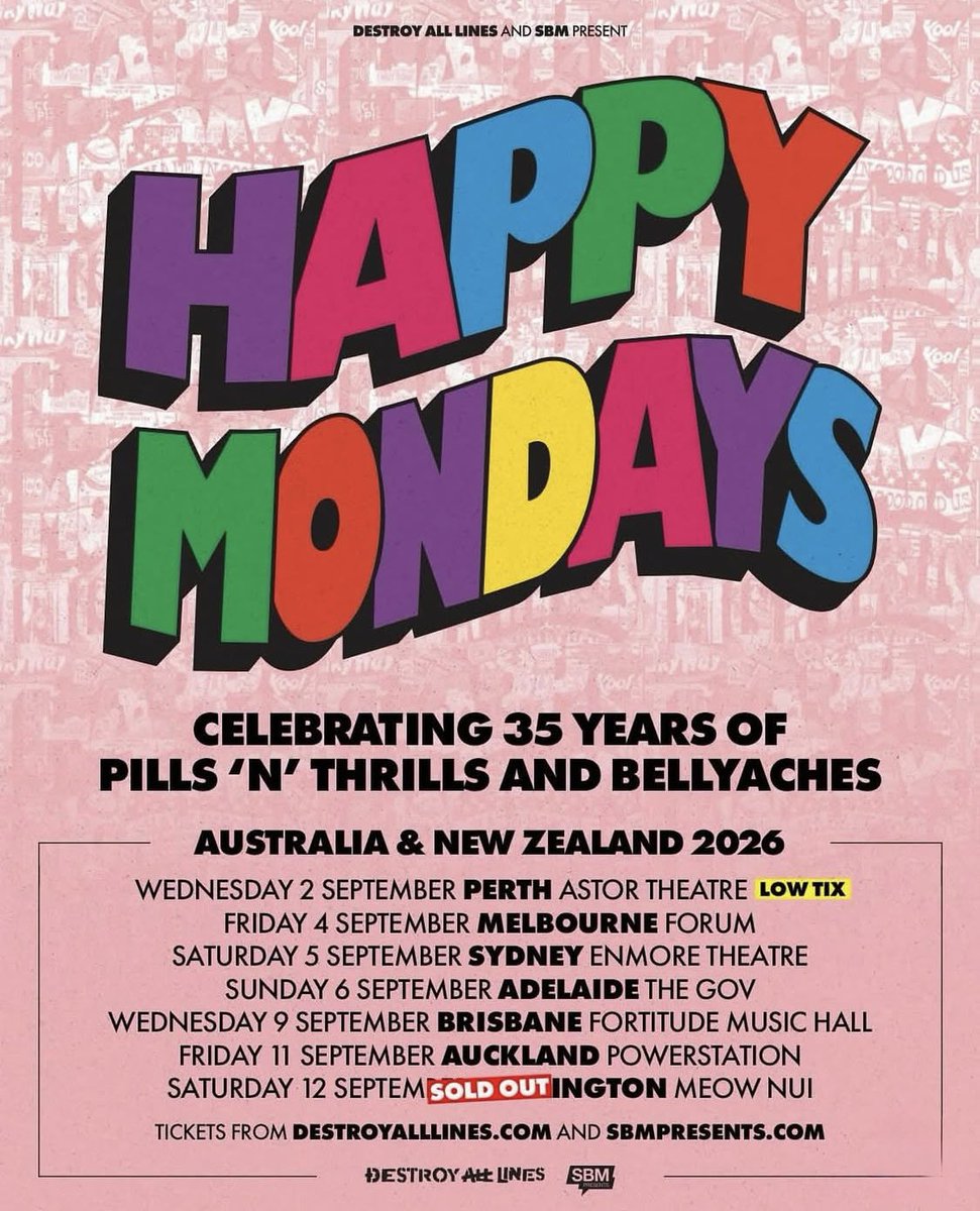ShaunryderX's tweet photo. AUSTRALIA 🇦🇺 &amp; NEW ZEALAND 🇳🇿 

Happy Mondays Pills ‘n’ Thrills and Bellyaches 35th Anniversary Tour is coming to Australia &amp; New Zealand this September!! 🪇🪇🪇

Tickets via link in bio &amp; below:

🎟️ https://t.co/tzOhs2HPr6

#HappyMondays #Tour #Livemusic #Australia #NewZealand https://t.co/3PT7CYeVft